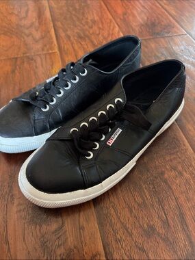 Superga Black Leather Low-Top Sneakers with White Sole